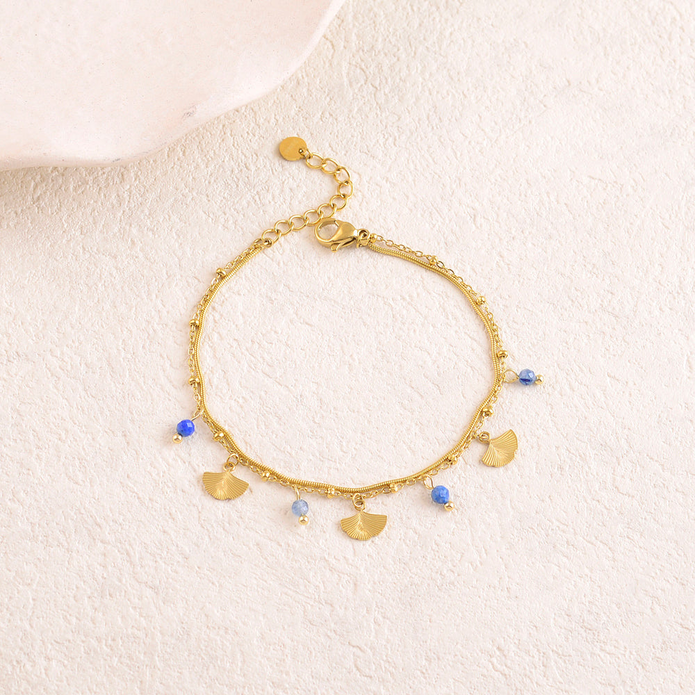 Bracelet double rangs avec pendentifs feuille de ginkgo et perles en pierre naturelle