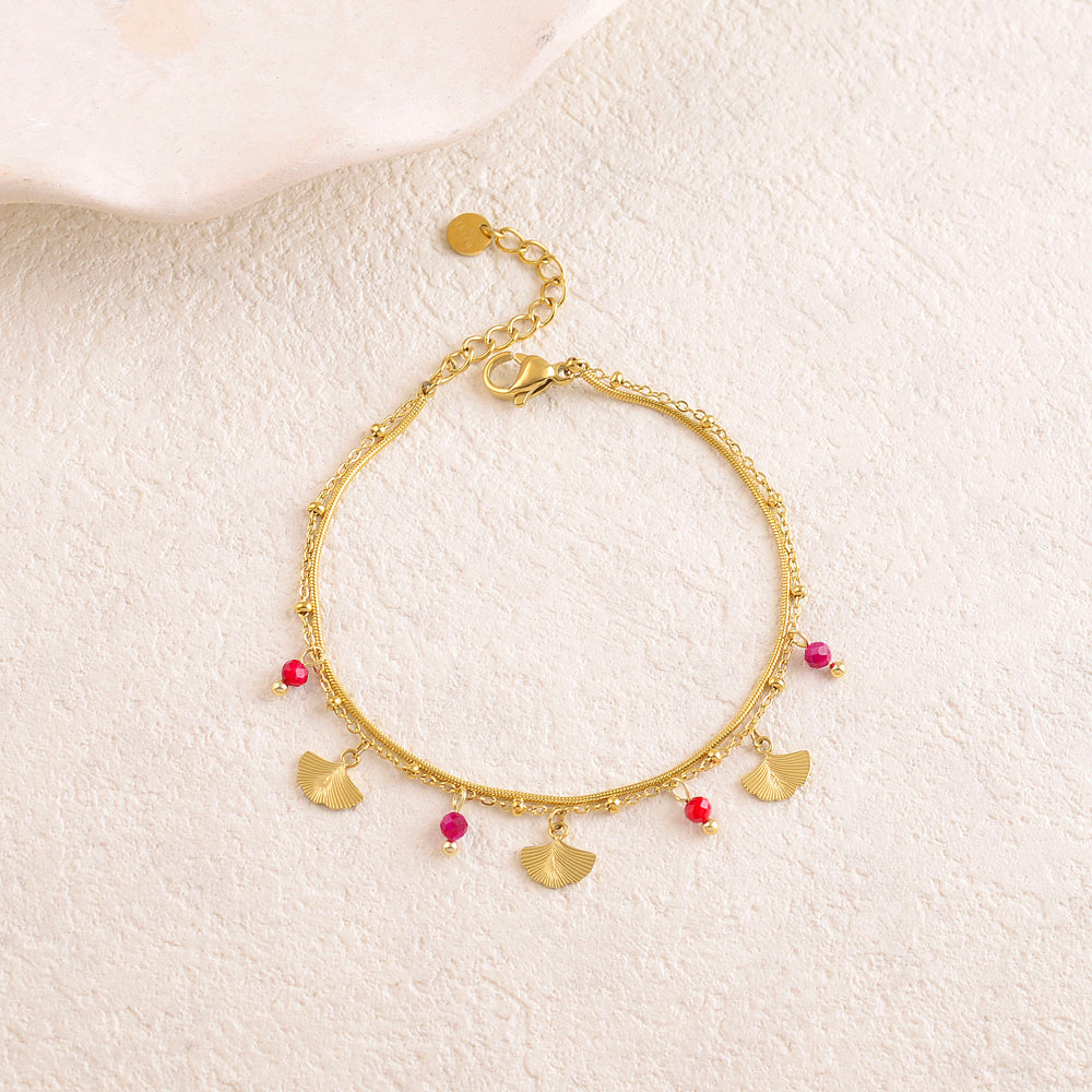 Bracelet double rangs avec pendentifs feuille de ginkgo et perles en pierre naturelle