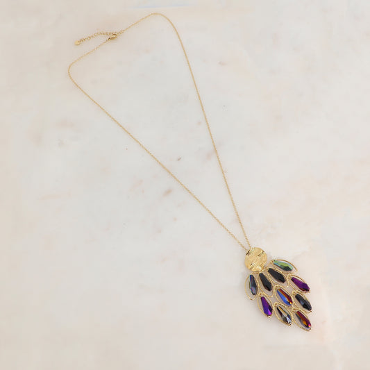 Sautoir avec pendentif orné d'anneaux ovales texturés et de perles en pâtes de verre (61+5CM)