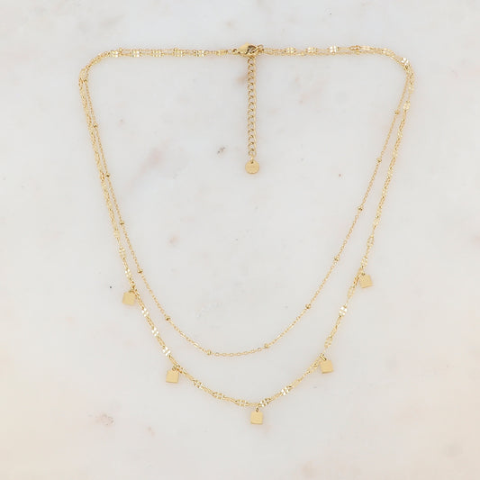 Collier doré double rangs avec pampilles carrées lisses 40/43+5 cm