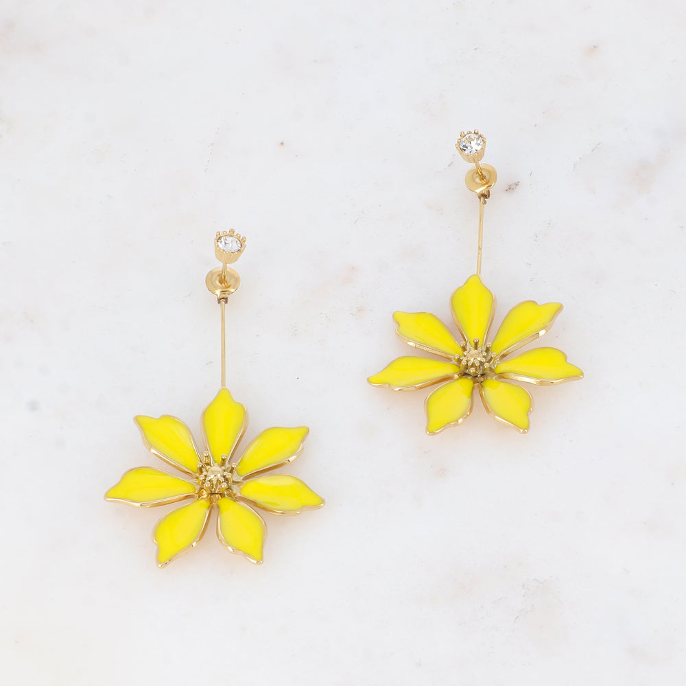 B.O à puce avec fleur émaillée et strass 3,7 x 6,3 cm.