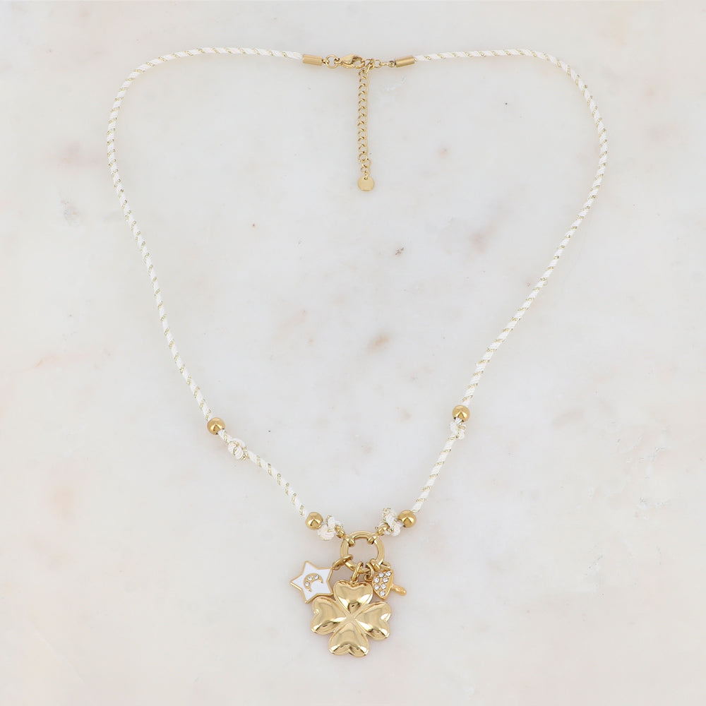 Collier sur cordon avec champignon strassé, étoile en émail avec motif lune strassé et fleur en acier (51+5CM)