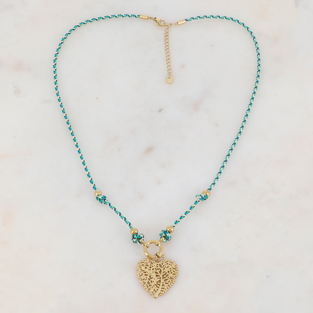 Collier sur cordon avec pendentif cœur ajouré de façon arbre de vie (51+5CM)