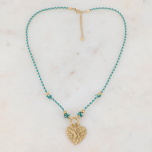 Collier sur cordon avec pendentif cœur ajouré de façon arbre de vie (51+5CM)