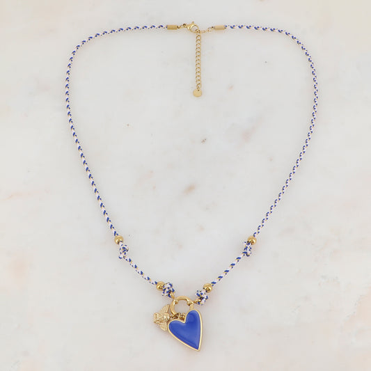 Collier sur cordon avec cœur en émail et pendentif forme ange (51+5CM)