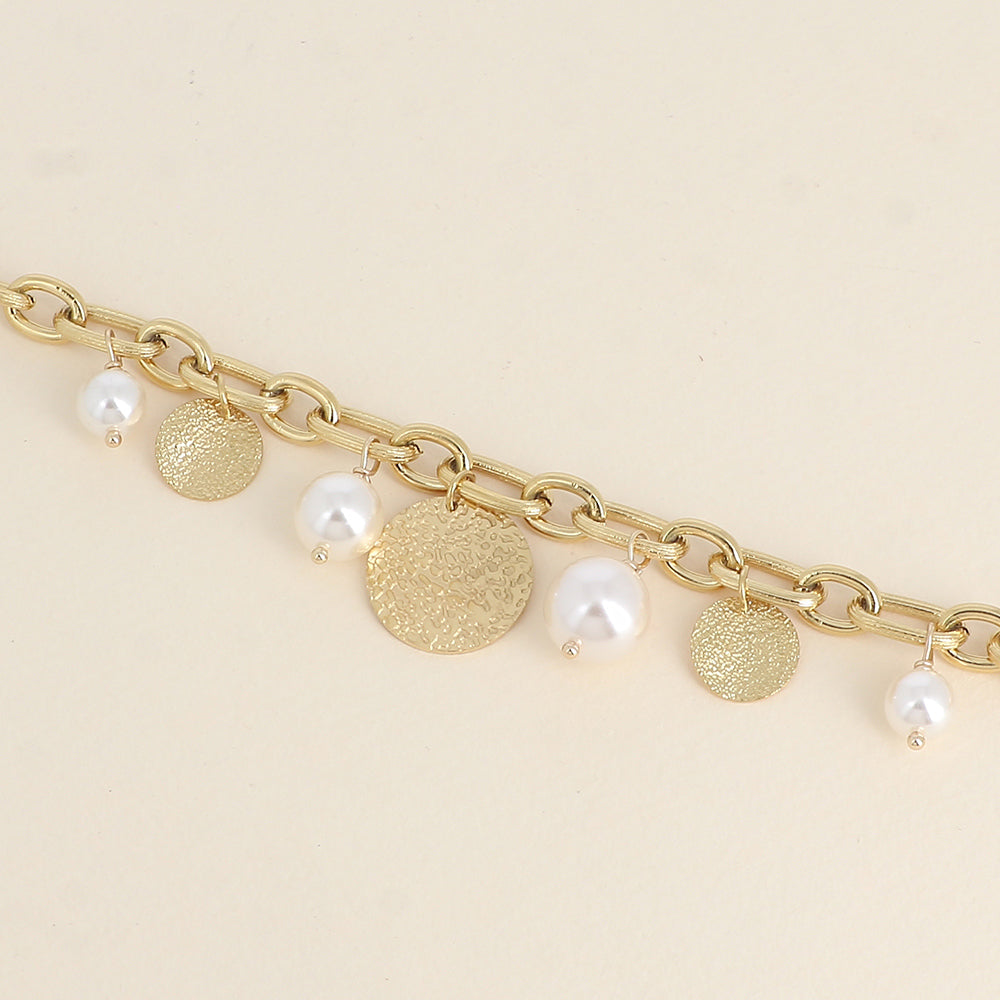 Bracelet - perles en résine blanches et pampilles rondes texturées (17,5+5 cm)