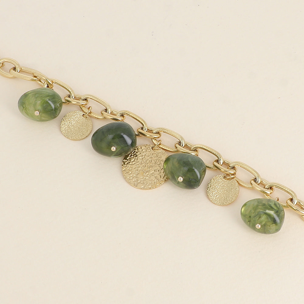 Bracelet - perles en résine vertes et pampilles rondes texturées (17,5+5 cm)
