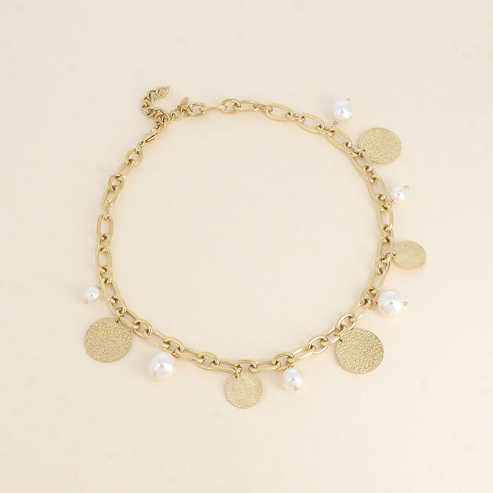 Collier - perles en résine blanche et pampilles rondes texturées 40+5 cm