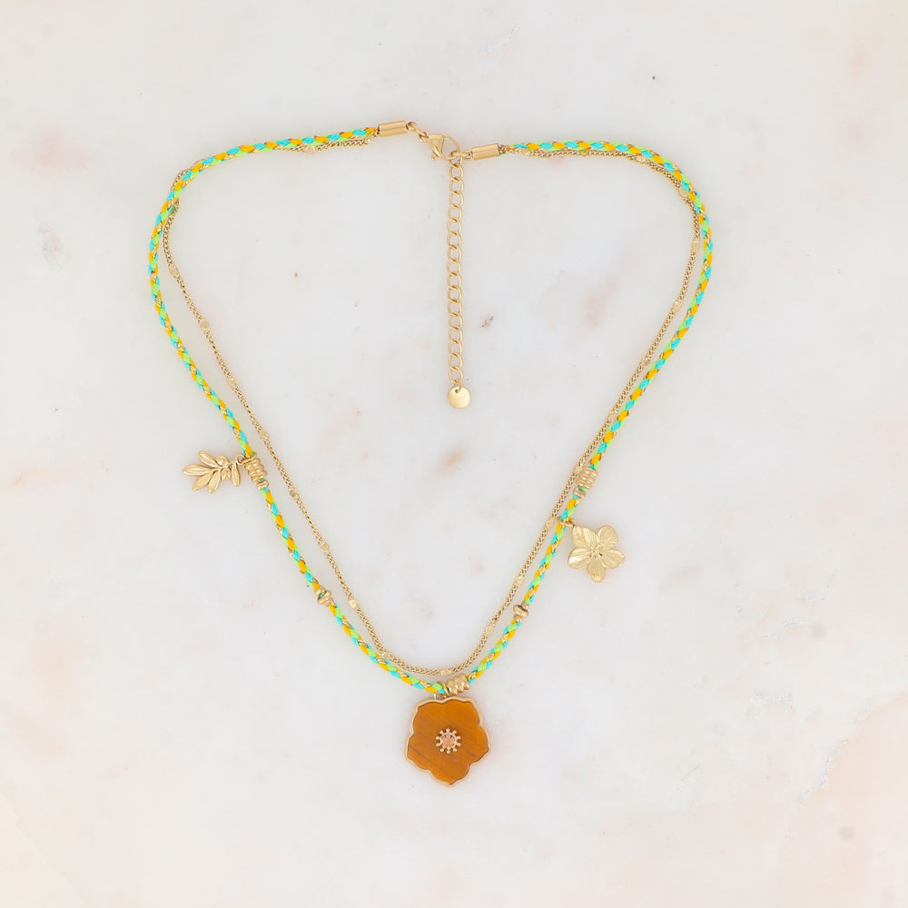 Collier 2 rangs chaine et cordons colorés avec pendentif fleur en pierre Œil de Tigre orné d'un strass champagne, pendentif floral et feuillage 39+5 cm