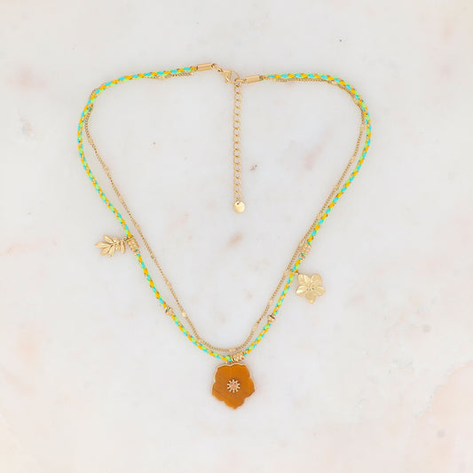 Collier 2 rangs chaine et cordons colorés avec pendentif fleur en pierre Œil de Tigre orné d'un strass champagne, pendentif floral et feuillage 39+5 cm