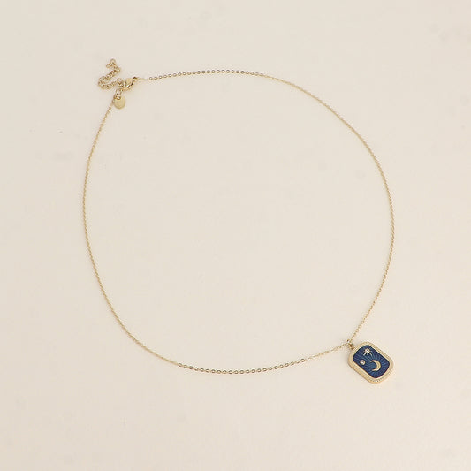 Collier - plaquette en émail avec lune, étoiles et oxydes de zirconium - Bleu 45+5 cm