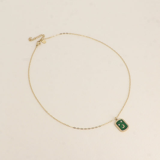Collier - plaquette en émail avec lune, étoiles et oxydes de zirconium - Vert 45+5 cm