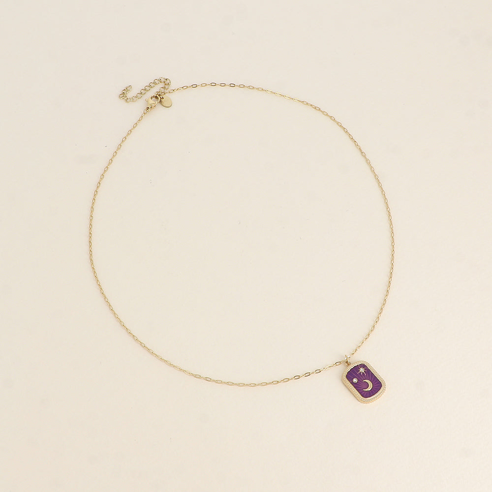 Collier - plaquette en émail avec lune, étoiles et oxydes de zirconium - Violet 45+5 cm