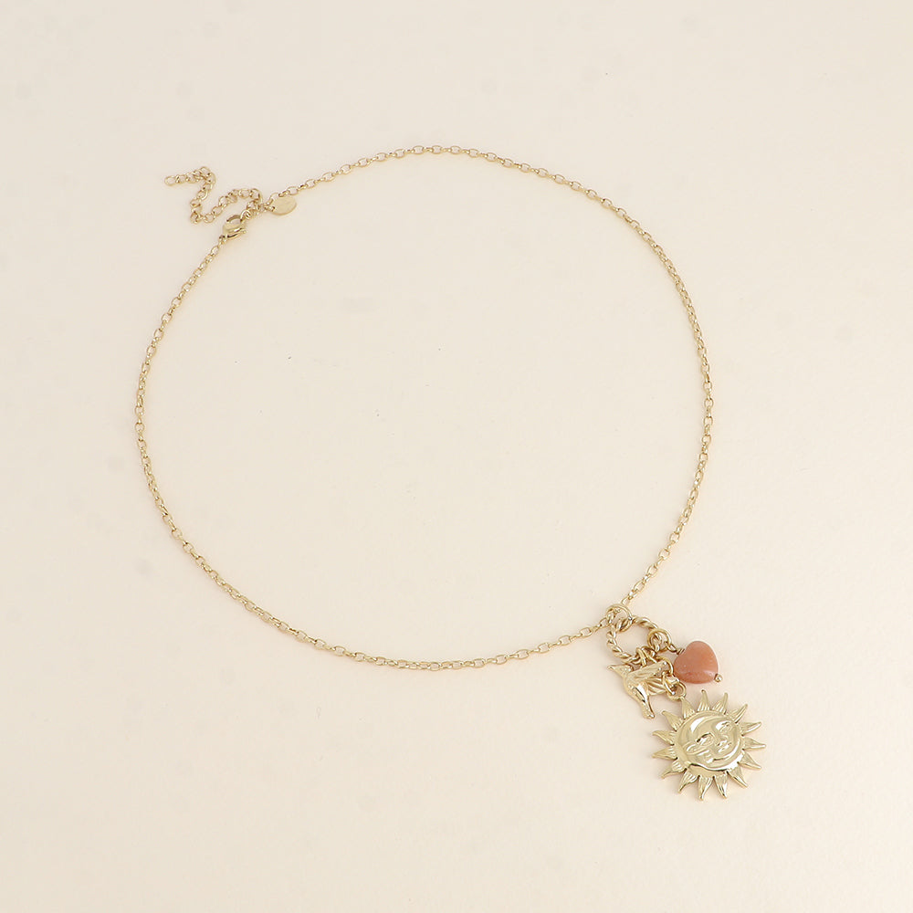 Collier - 3 pièces (éclipse, soleil, lune, perle cœur et oiseau) 45+7 cm