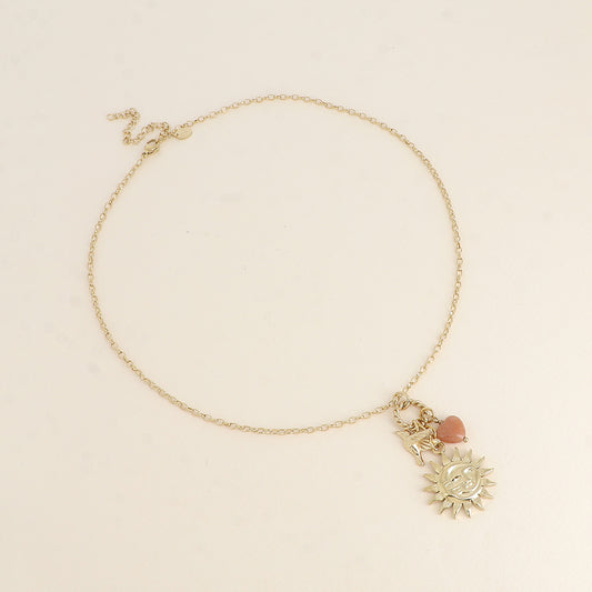 Collier - 3 pièces (éclipse, soleil, lune, perle cœur et oiseau) 45+7 cm