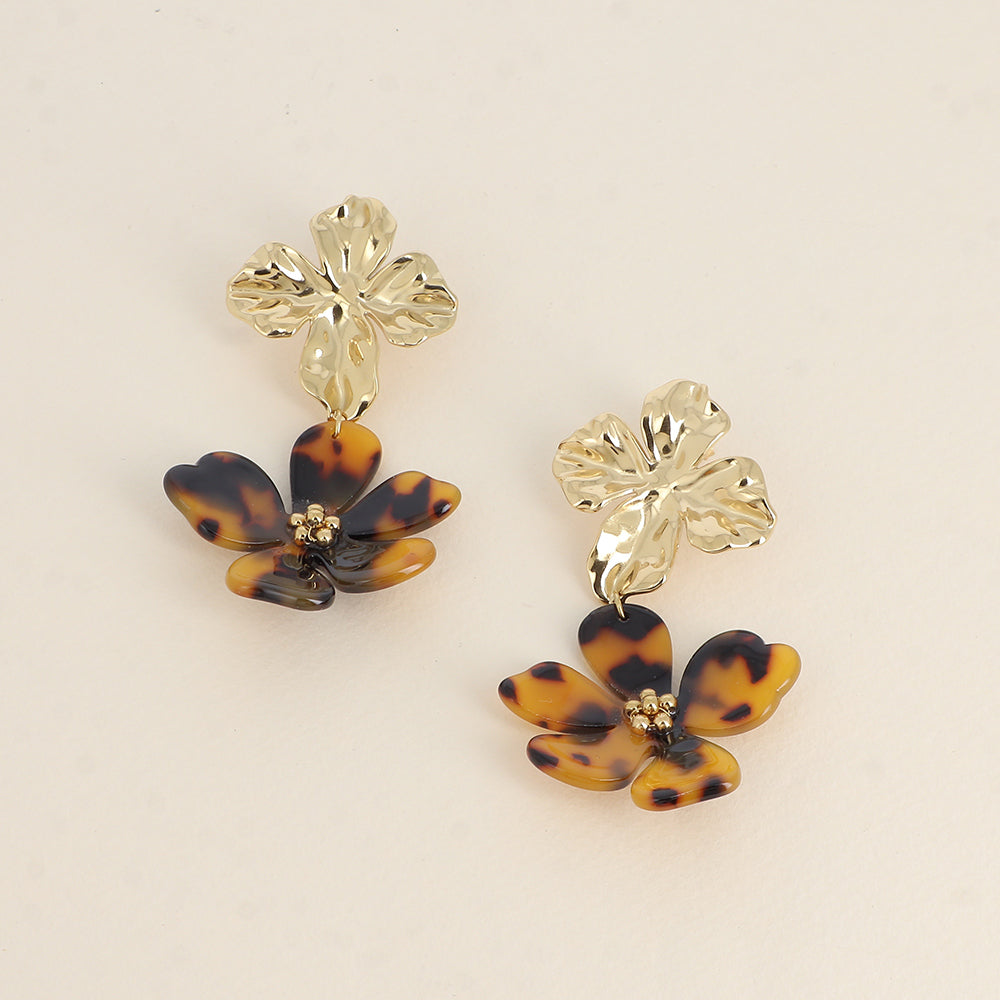 Boucles pendantes - feuille texturée et fleur en résine léopard 43x73 mm