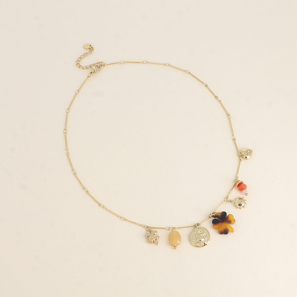 Collier - pendentifs (pierres naturelles, scarabée, soleil, trèfle en résine léopard, trèfle) 40+5 cm