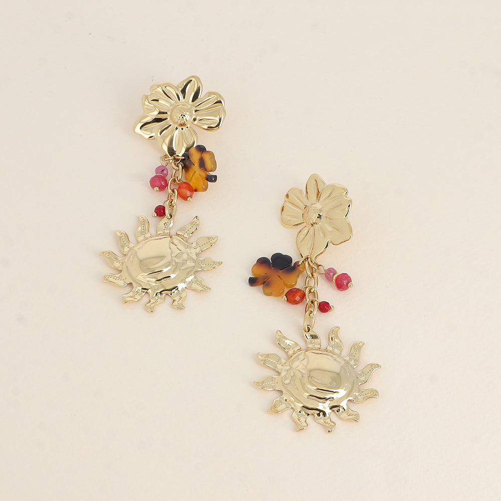 Boucles pendantes - 3 pièces et chaîne (fleur, soleil, trèfle en résine) 38x85 mm