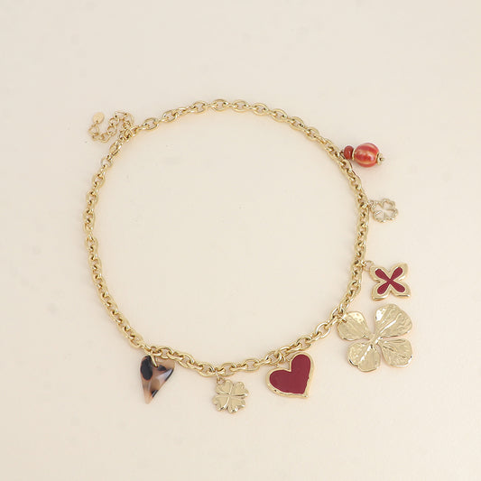 Collier - trèfles, cœurs, émail, résine léopard, céramique 40+5 cm