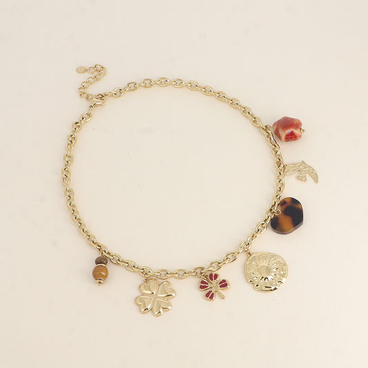 Collier - trèfles avec émail, soleil, cœur en résine léopard, oiseau martelé, étoile en céramique émaillée 40+5 cm