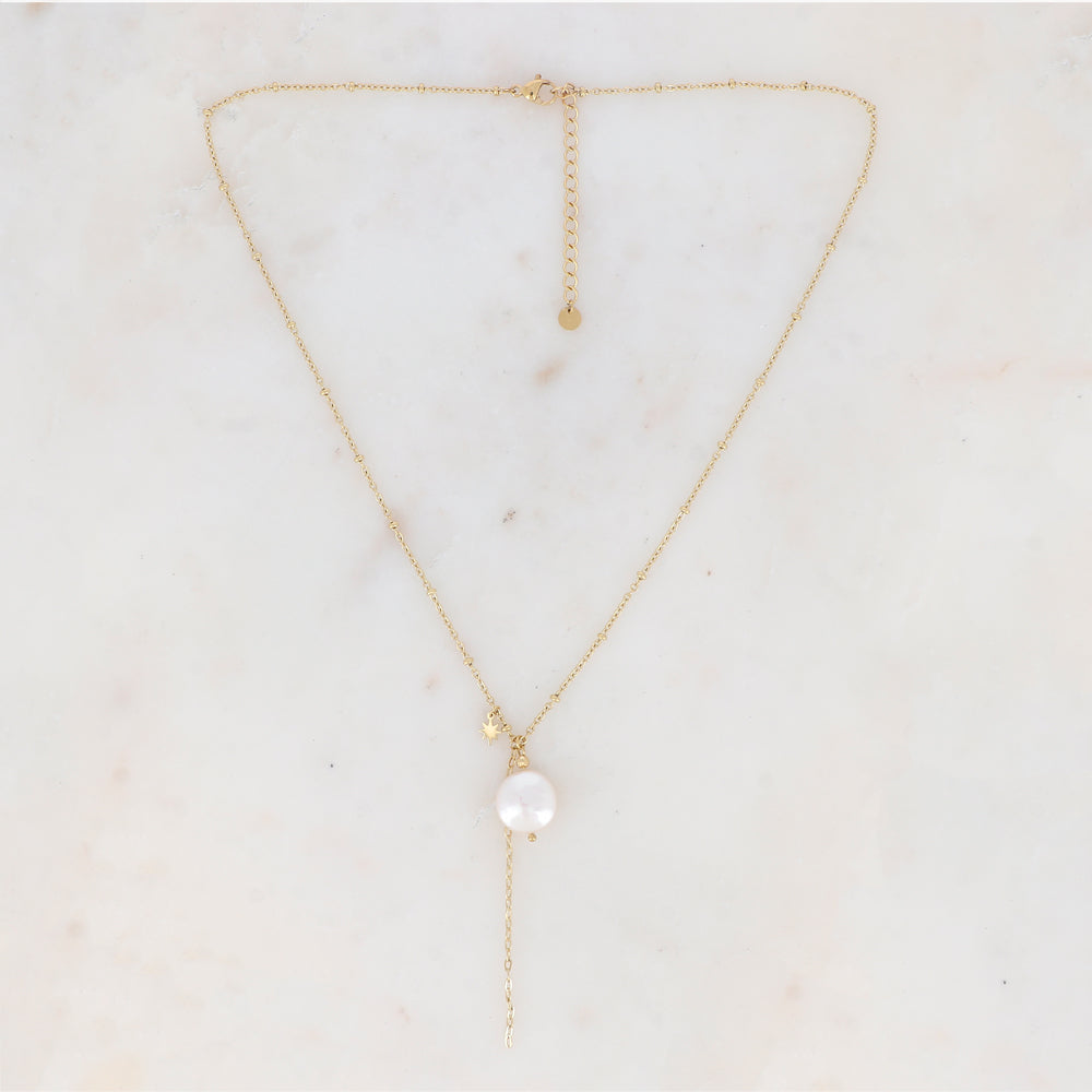 Collier en Y avec chaîne, étoile et perle d'eau douce (45+5CM)