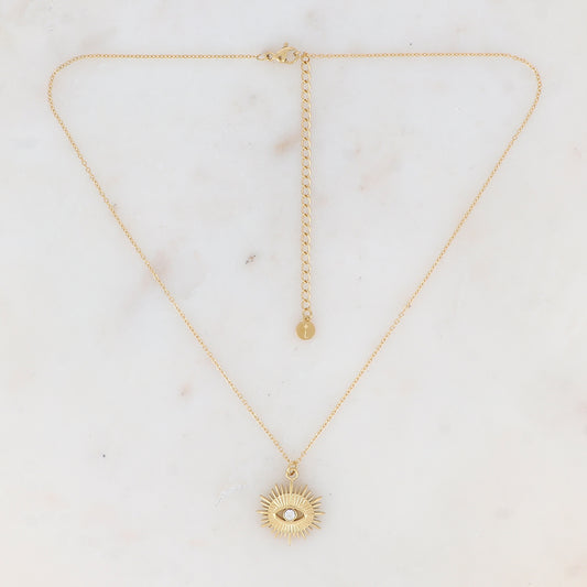 Collier doré avec pampille graphique ajourée avec œil strassé 38+7 cm