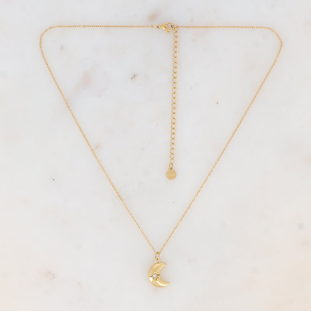 Collier doré avec pampille forme lune ornée d'une étoile strassé 38+7 cm