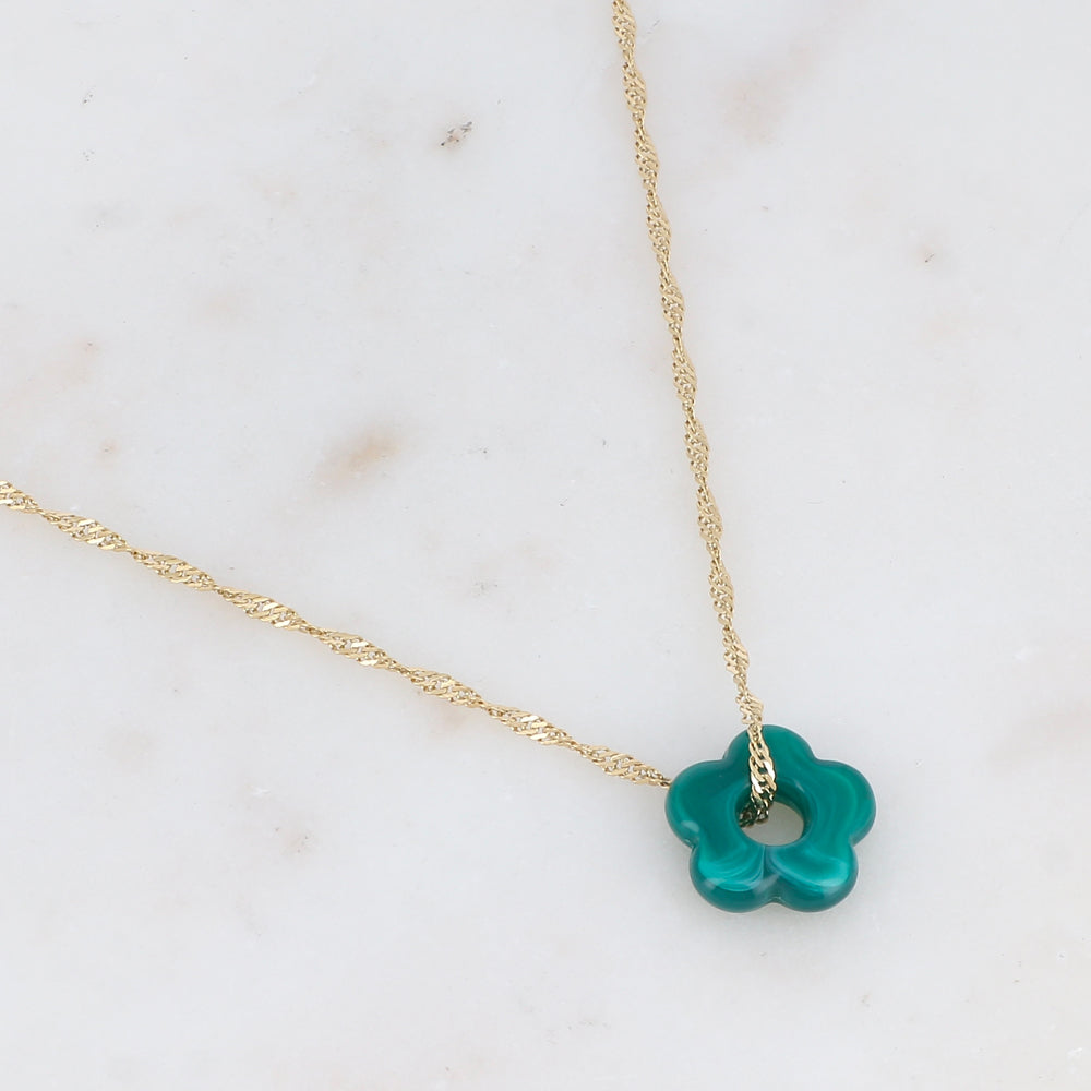 Collier doré avec perle de fleur en acétate de fleur en acétate bleu canard 40+5 cm