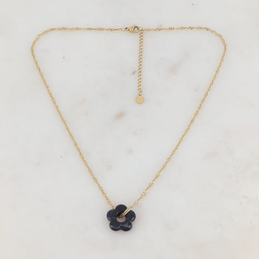 Collier doré avec perle de fleur en acétate de fleur en acétate noir 40+5 cm