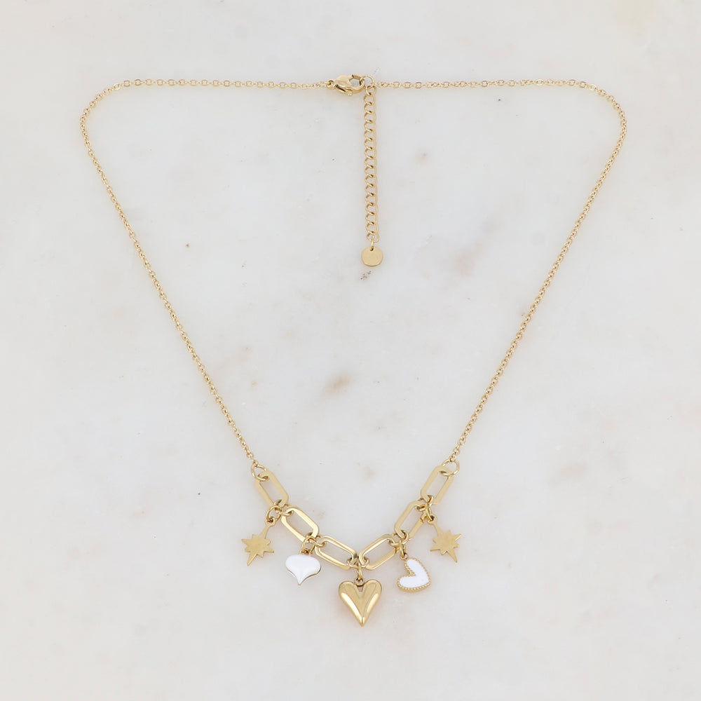 Collier avec anneaux rectangulaires arrondis, étoiles du Nord et cœurs émaillés blancs 45+5 cm