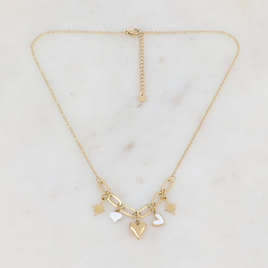 Collier avec anneaux rectangulaires arrondis, étoiles du Nord et cœurs émaillés blancs 45+5 cm