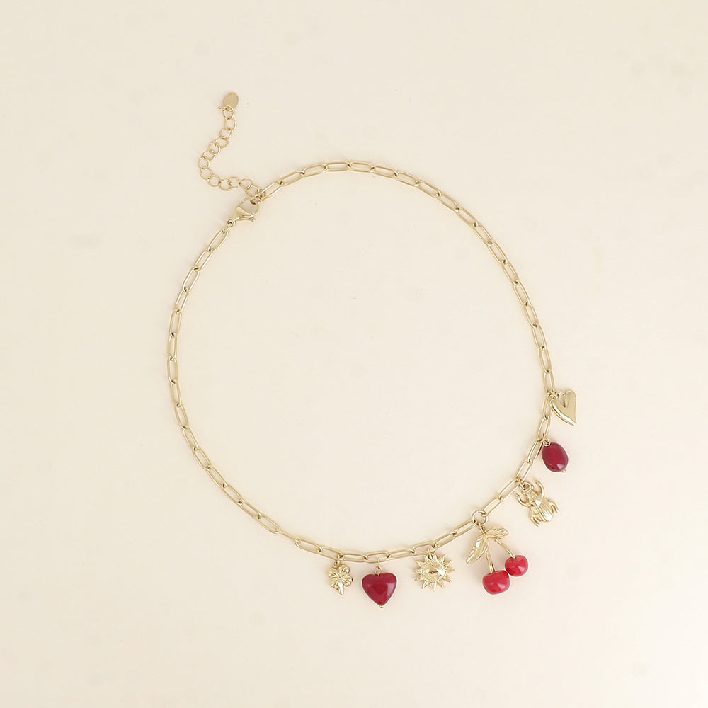 Collier - trèfle, scarabée, soleil, cerise, perles, cœurs 40+5 cm