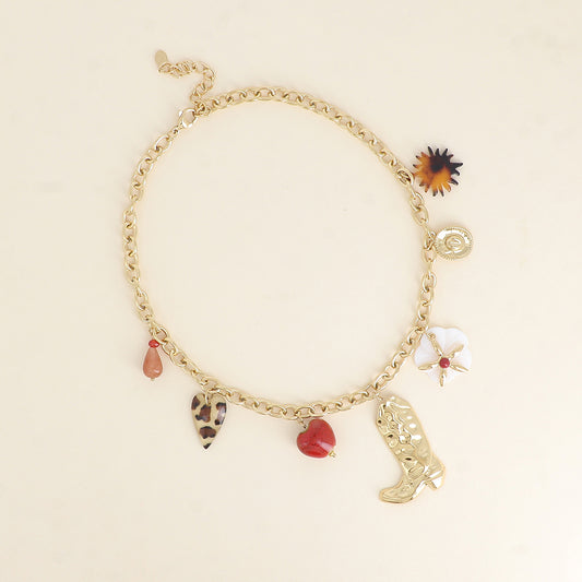 Collier - goutte perlée, coeur léopard, coeur en céramique émaillée, botte, fleur nacrée, étoile, chapeau, soleil en résine léopard 40+5 cm