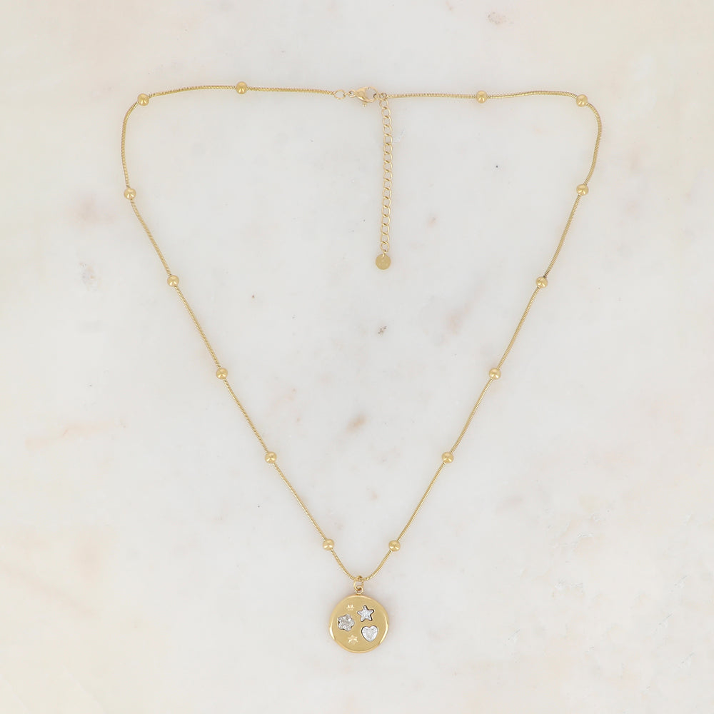 Collier avec pendentif rond orné d'oxydes de zirconium forme étoile, cœur et fleur (50+5CM)