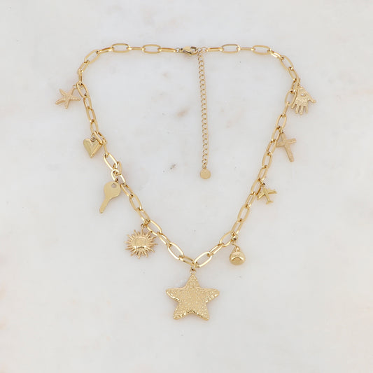 Collier en maille avec étoile de mer, cœur, clé, soleil, étoile, poire, avion, coix et main avec motif œil strassé (37.5+7CM)