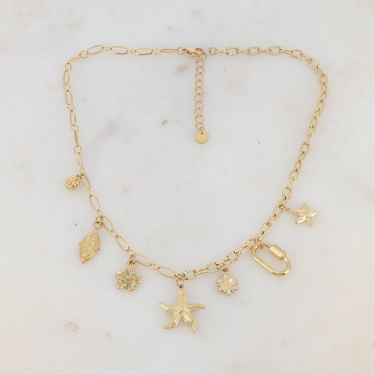 Collier en maille avec fleurs, pampille géométrique motif étoile, étoiles de mer et anneau rectangulaire (39+5CM)