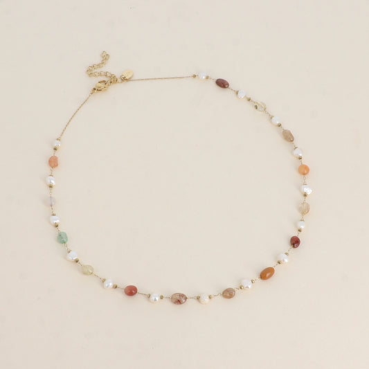 Collier - perles d'eau douce et de pierres naturelles agate multicolore 39+5 cm