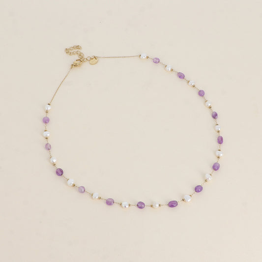 Collier - perles d'eau douce et de pierres naturelles améthyste 39+5 cm