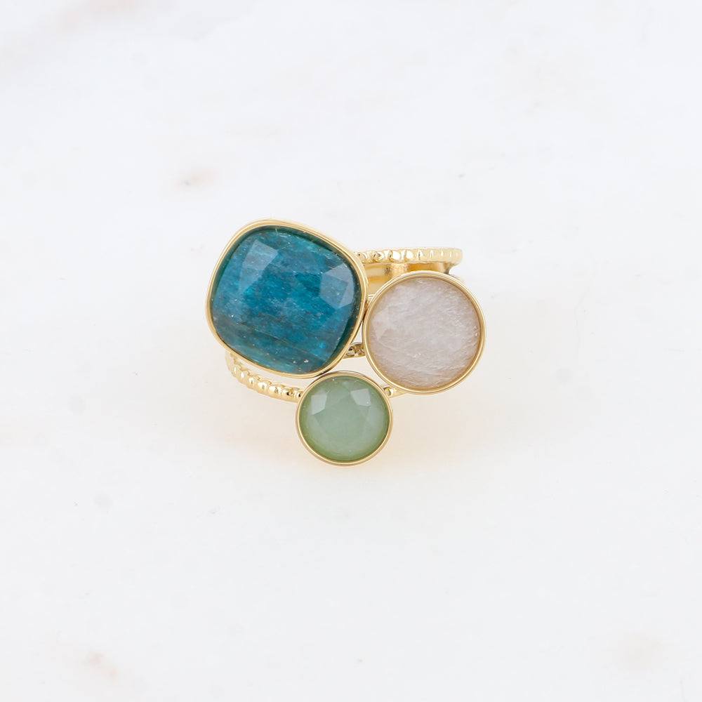 Bague Trilogie – pierres naturelles - Apatite, agate blanche et aventurine verte