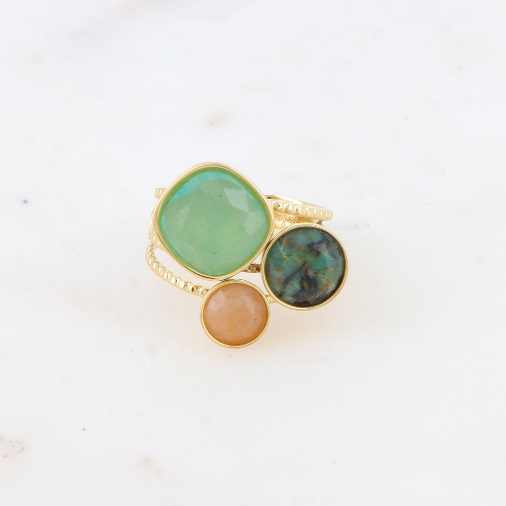 Bague Trilogie – pierres naturelles - amazonite, turquoise africaine, aventurine orange