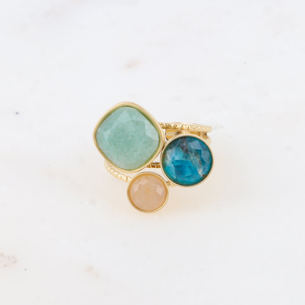 Bague Trilogie – pierres naturelles - aventurine verte, apatite, aventurine orange