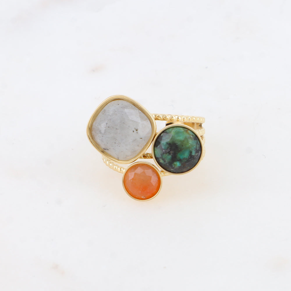 Bague Trilogie – pierres naturelles - labradorite, turquoise africaine, aventurine orange