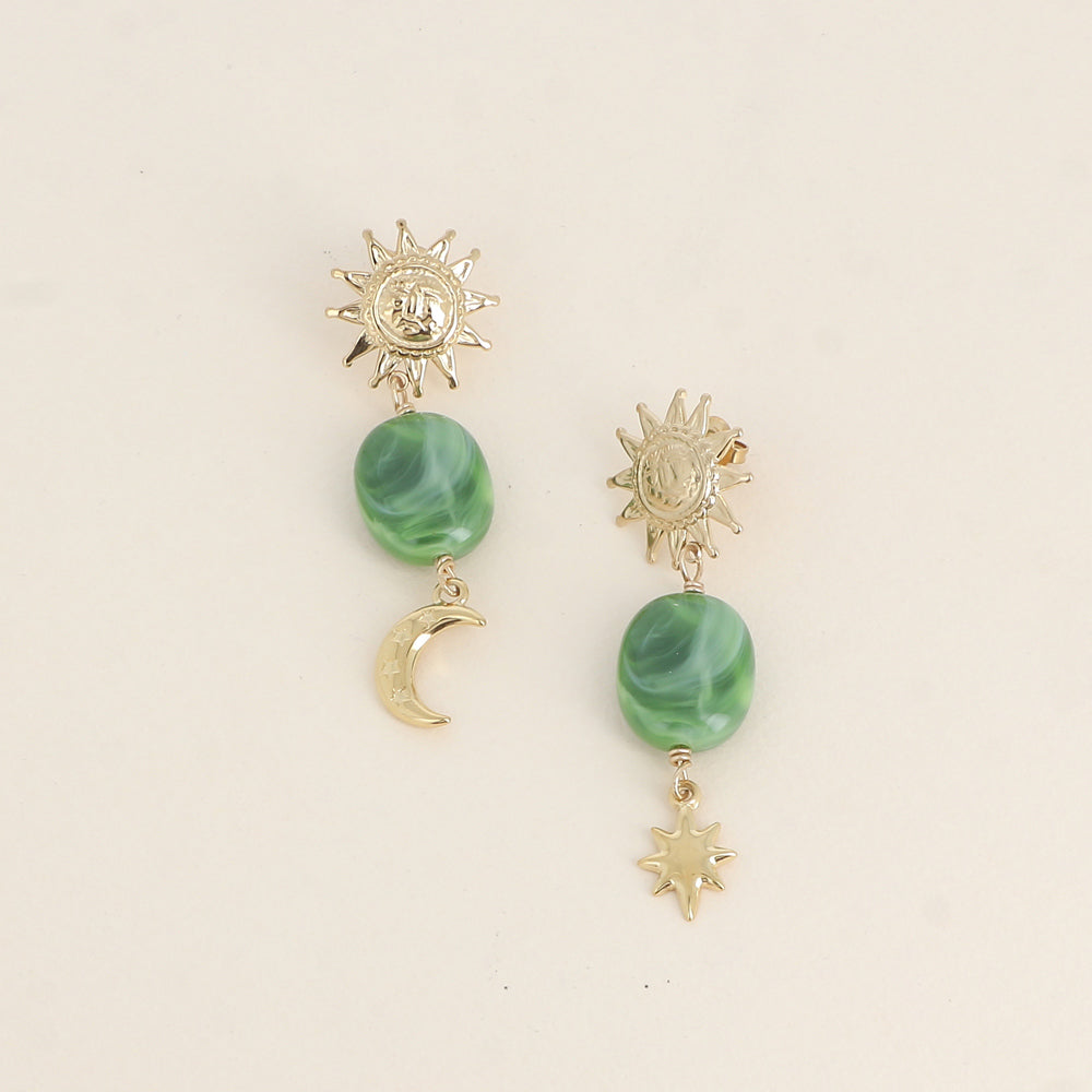 Boucles pendantes - 3 pièces (soleil, lune, étoile et résine) - Vert 11x60 mm