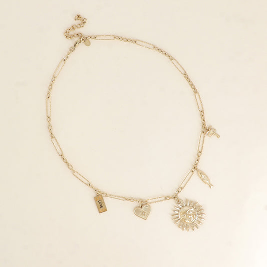 Collier - breloques (soleil, cœur, plaquette LOVE, poisson, palmier) 40+7 cm