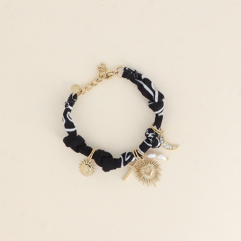 Bracelet - ruban, tissu et breloques (soleil, cœur, lune avec oxydes de zirconium) (16+3 cm)