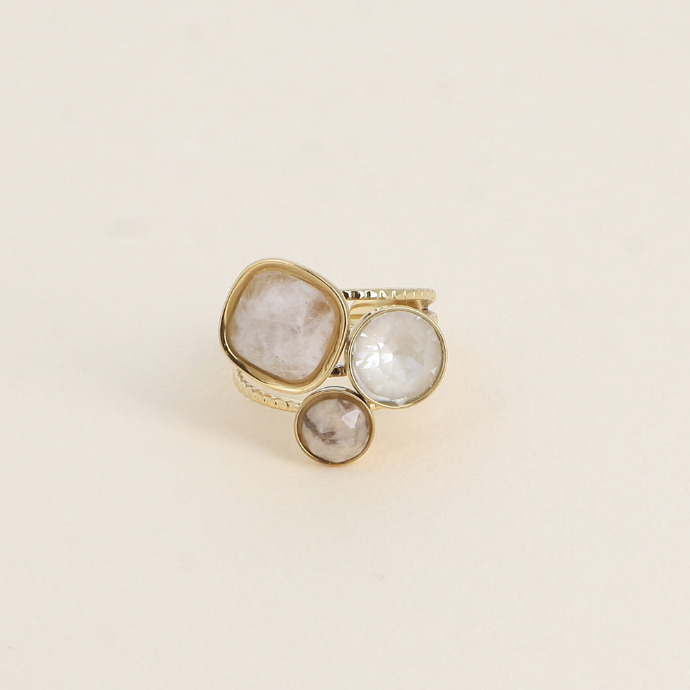 Bague Trilogie - pierre naturelle et cristaux - doré agate blanche, linen ignite, jaspe paysage