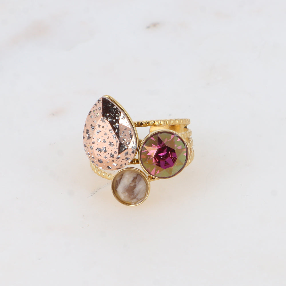Bague Trilogie goutte - cristaux et pierres naturelles - Rose patina, Lila shadow, feldspath