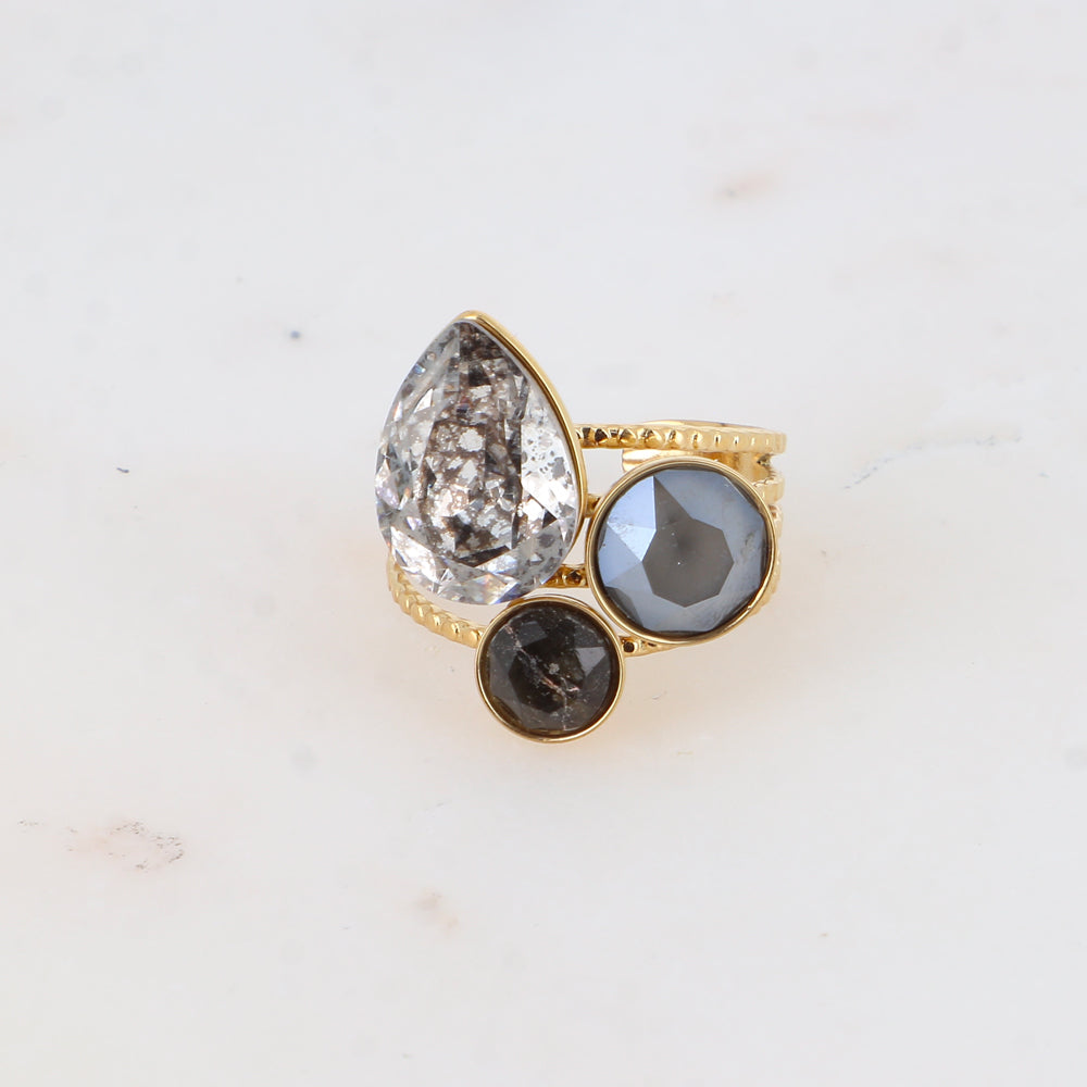 Bague Trilogie goutte - cristaux et pierres naturelles - Silver patina, Dark grey, Labradorite foncée