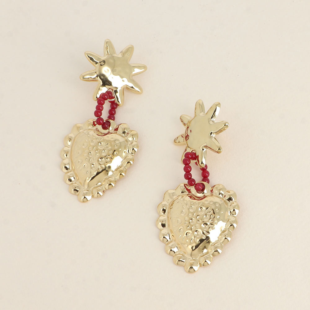 Boucles pendantes - soleil, perles et cœur texturé 35x77 mm