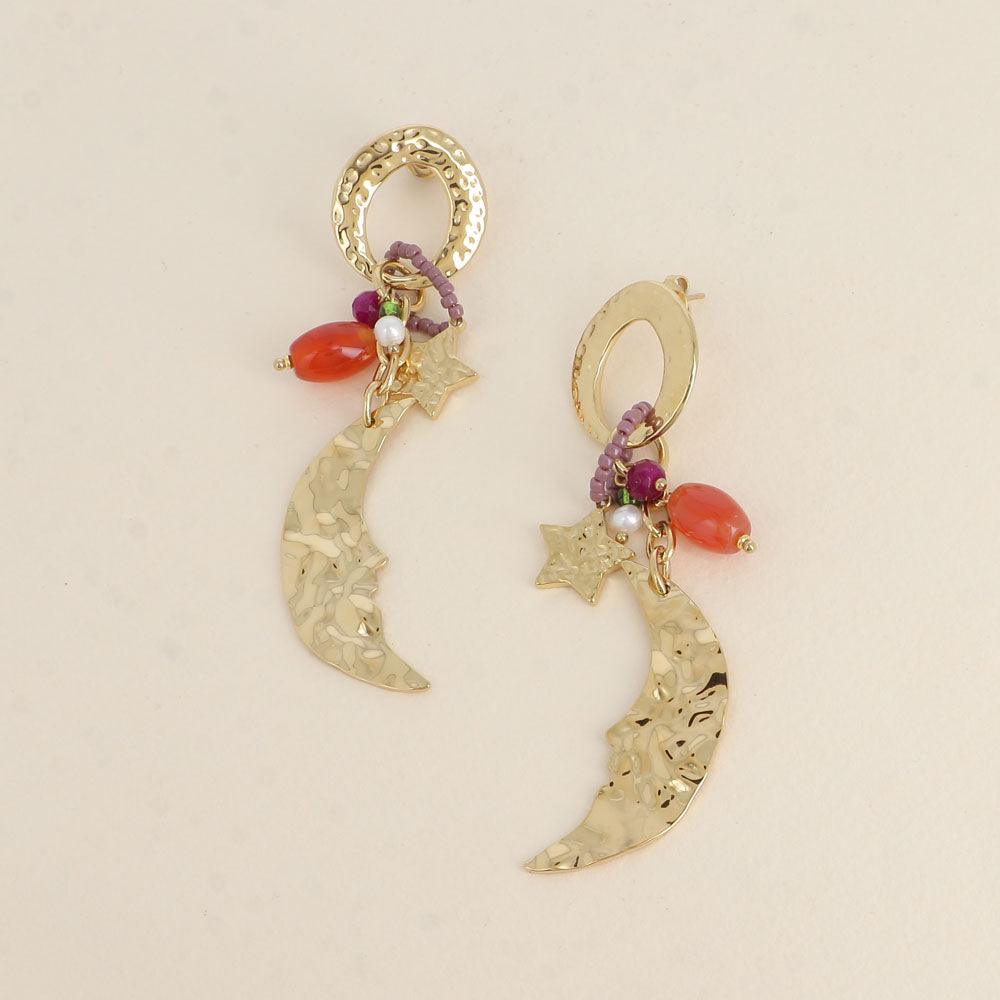 Boucles pendantes - anneau martelé, perles et croissant de lune 21x85 mm